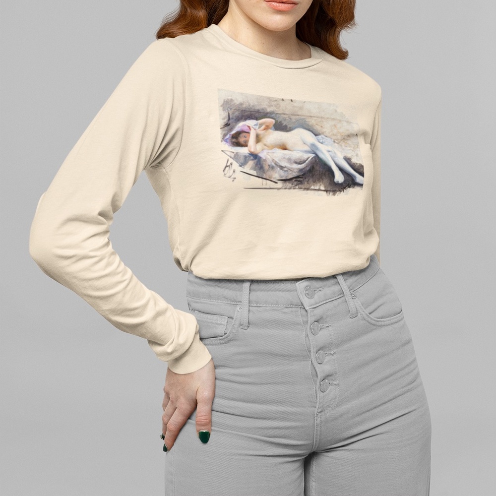 Nude Sensual Woman Vintage Art Print Long Sleeve Graphic Tee T-shirt S M L XL